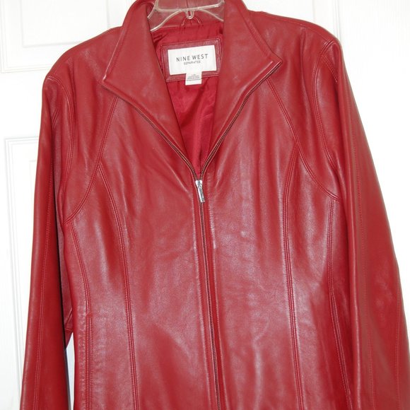 NINE WEST Separates Woman's Red Leather Coat With Zipper Size Large